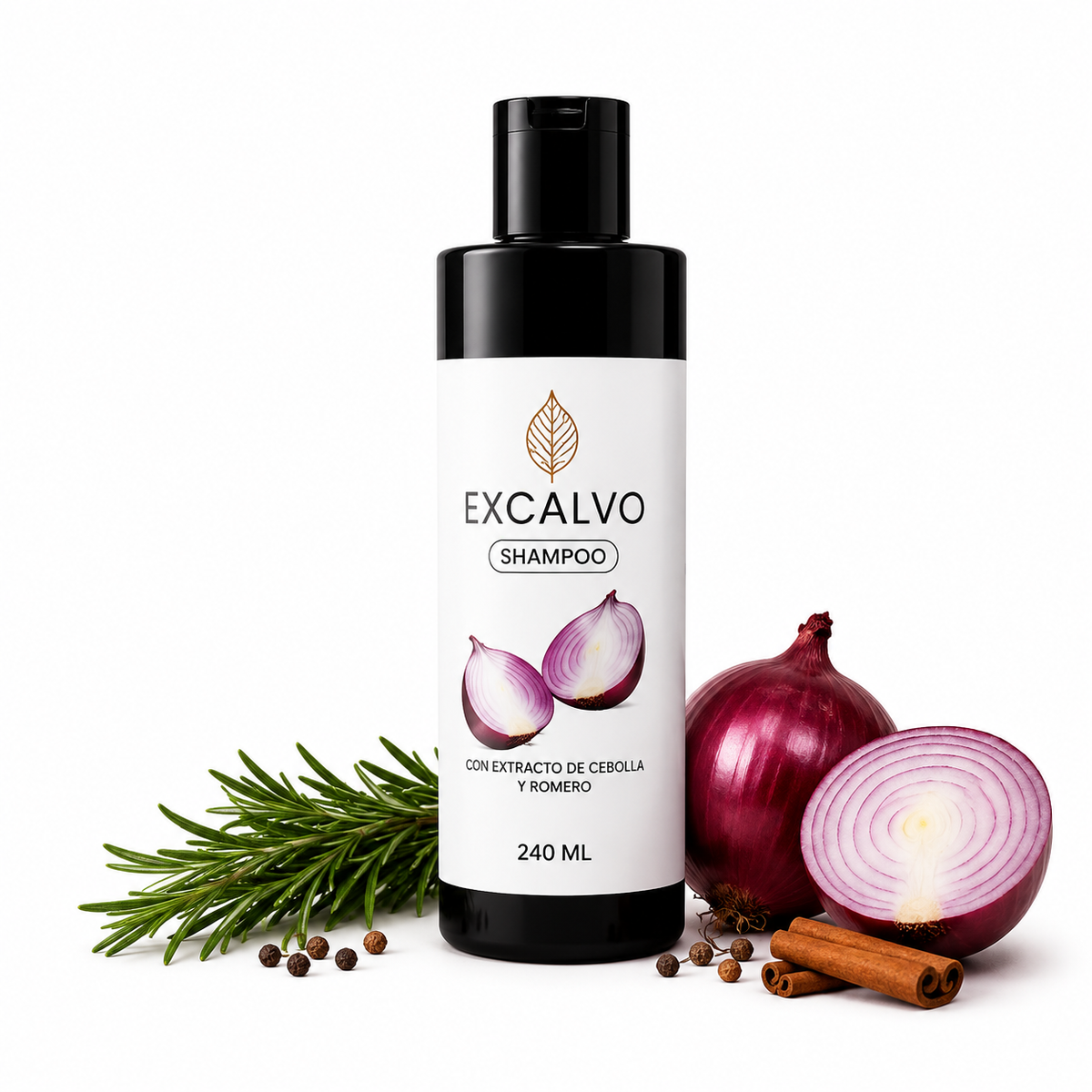 Shampoo Excalvo anticaída con romero cebolla roja y canela para estimular el crecimiento del cabello 240ml