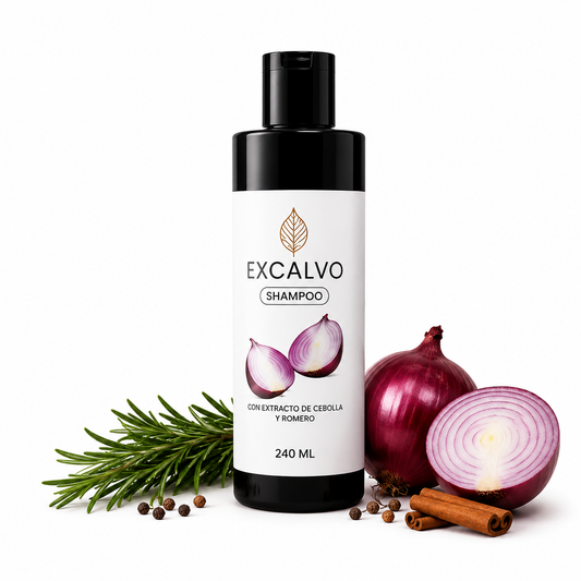 Shampoo Excalvo anticaída con romero cebolla roja y canela para estimular el crecimiento del cabello 240ml
